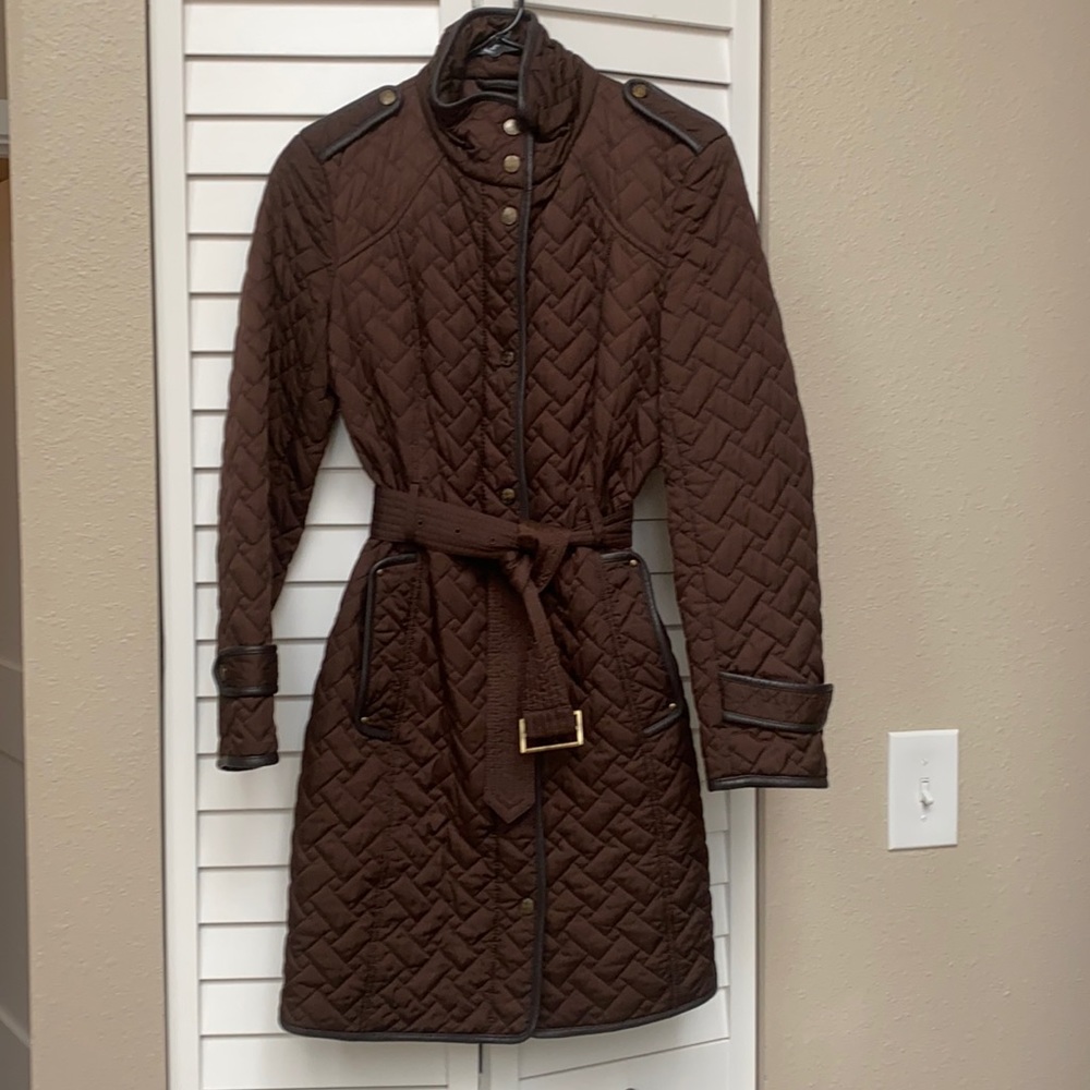 Cole Haan belted Quilted Women's Coat Black leather trim size XS